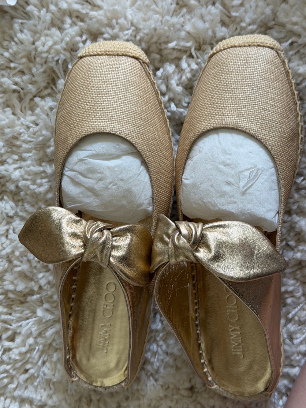 NEW WITH BOX Jimmy Choo Metallic Gold Bow Espadrille Slip-Ons Size 39/US 9 - Picture 3 of 16